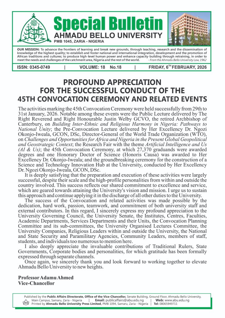 Profound Appreciation for the Successful Conduct of the 45th Convocation Ceremony and Related Events