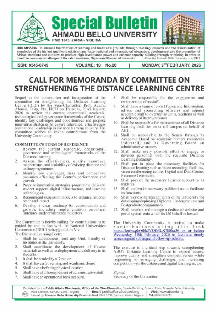 Call for Memoranda by Committee on Strengthening the Distance Learning Centre