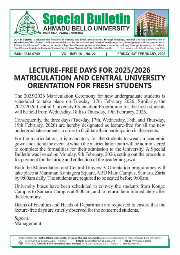 Lecture-Free Days for 2025/2026 Matriculation and Central University Orientation for Fresh Students