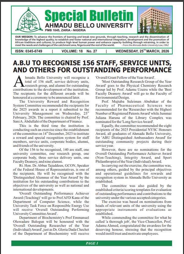 A.B.U TO RECOGNISE 156 STAFF, SERVICE UNITS,AND OTHERS FOR OUTSTANDING PERFORMANCE