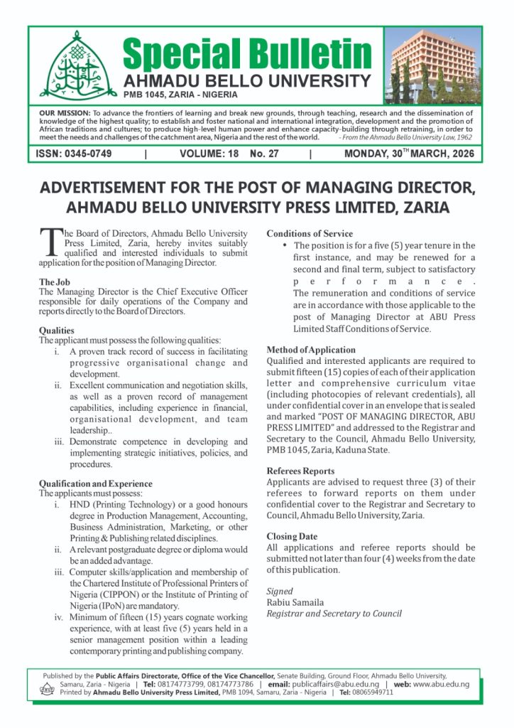 Advertisement for the Post of Managing Director, Ahmadu Bello University Press Limited, Zaria