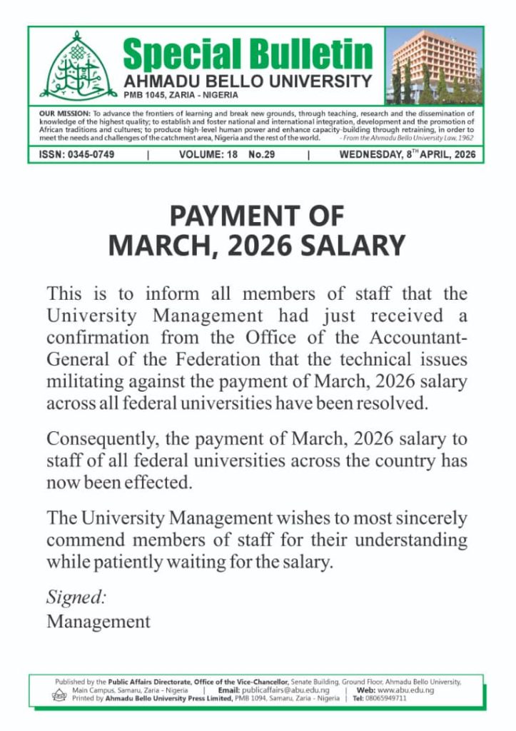 Payment of March, 2026 Salary