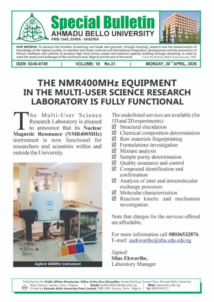The NMR400MHz Equipment in the Multi-User Science Research Laboratory is Fully Functional