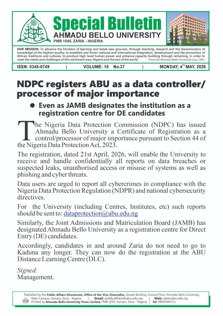NDPC registers ABU as a data controller/processor of major importance
