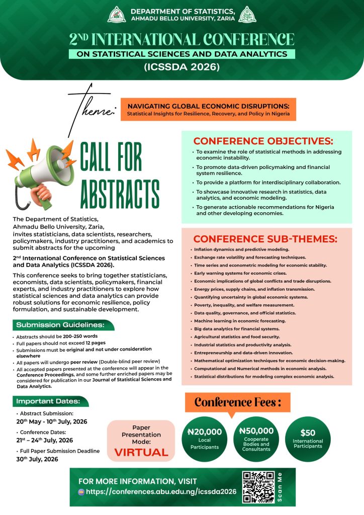 Department of Statistics, Ahmadu Bello University, Zaria 2nd International Conference on Statistical Sciences and Data Analytics (ICSSDA)