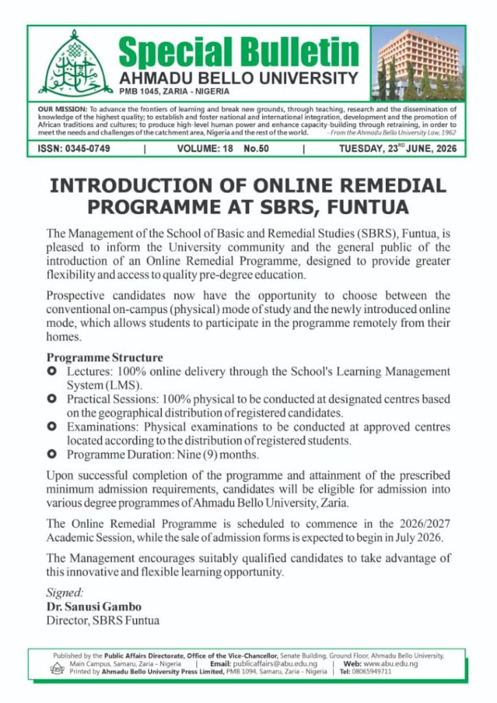 Introduction of Online Remedial Programme at SBRS, FUNTUA