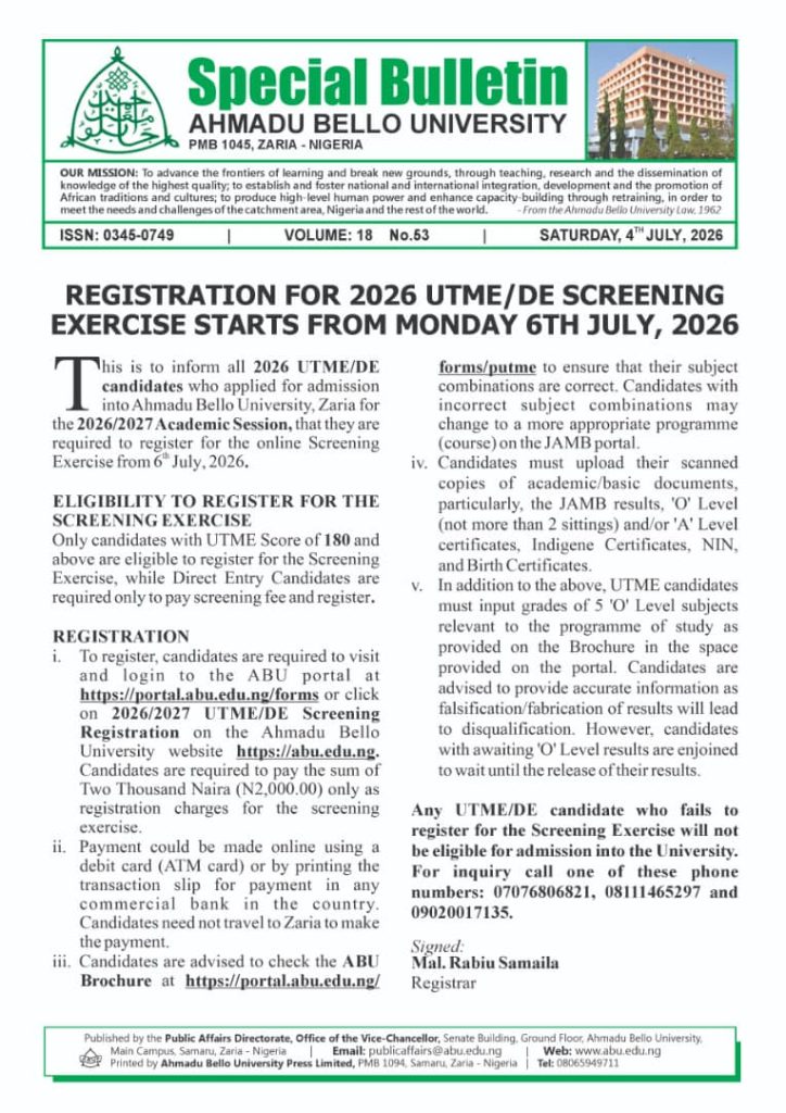 Registration for 2026 UTME/DE Screening Exercise Starts from Monday 6th July, 2026
