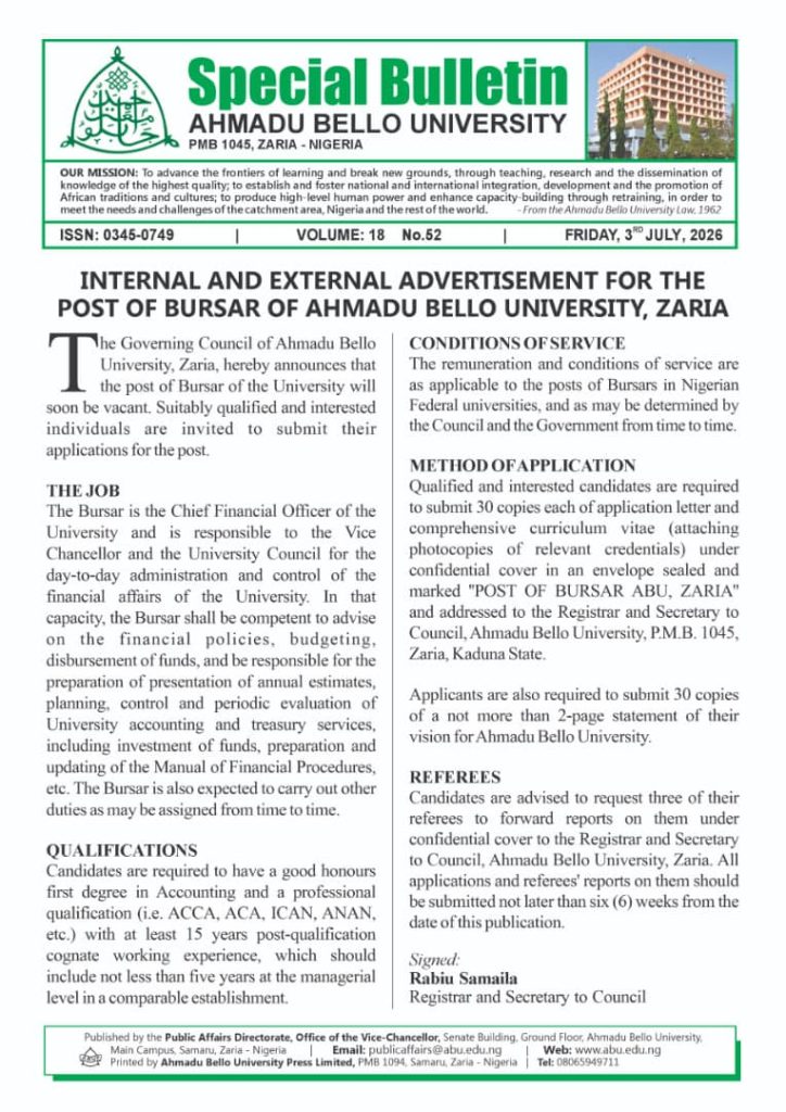 Internal and External Advertisement for the Post of Bursar of Ahmadu Bello University, Zaria