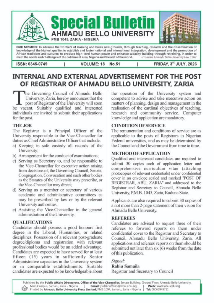 Internal and External Advertisement for the Post of Registrar of Ahmadu Bello University, Zaria