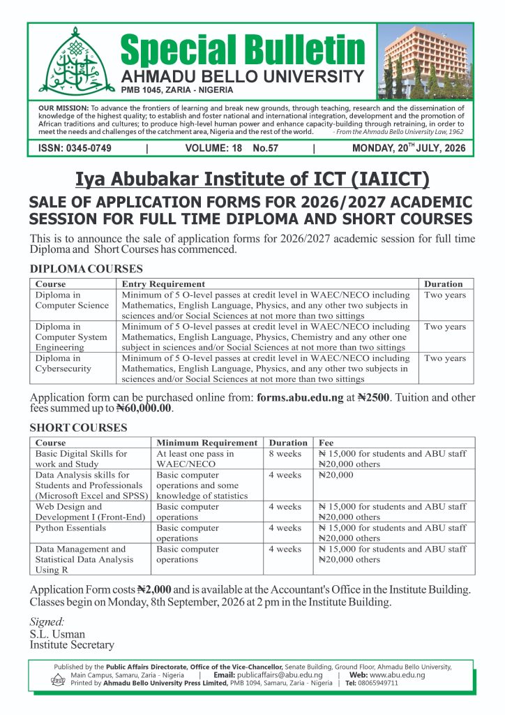 IAIICT Sale of Application Forms for 2026/2027 Academic Session for Full-Time Diploma and Short Courses