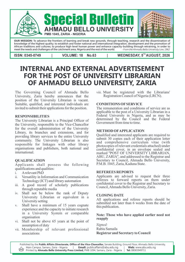 Internal and External Advertisement for the Post of University Librarian of Ahmadu Bello University, Zaria