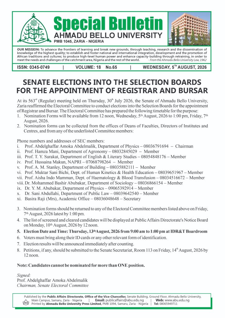 Senate Elections into the Selection Boards for the Appointment of Registrar and Bursar