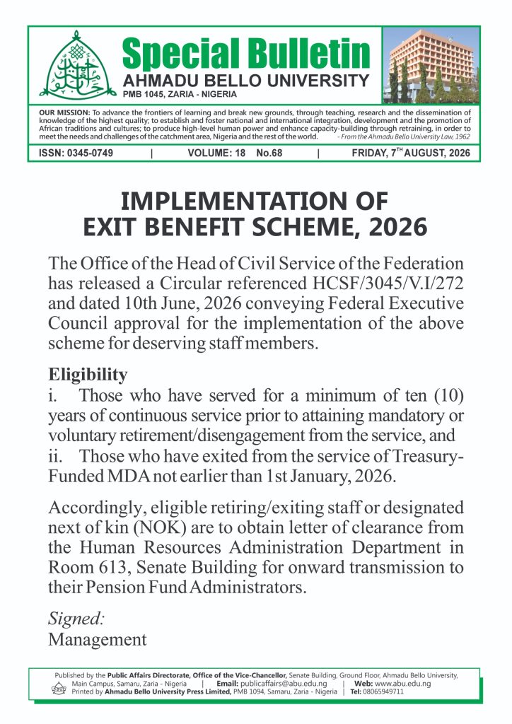 Implementation of Exit Benefit Scheme, 2026