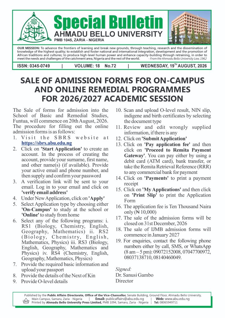 Sale of Admission Forms for On-Campus and Online Remedial Programmes for 2026/2027 Academic Session