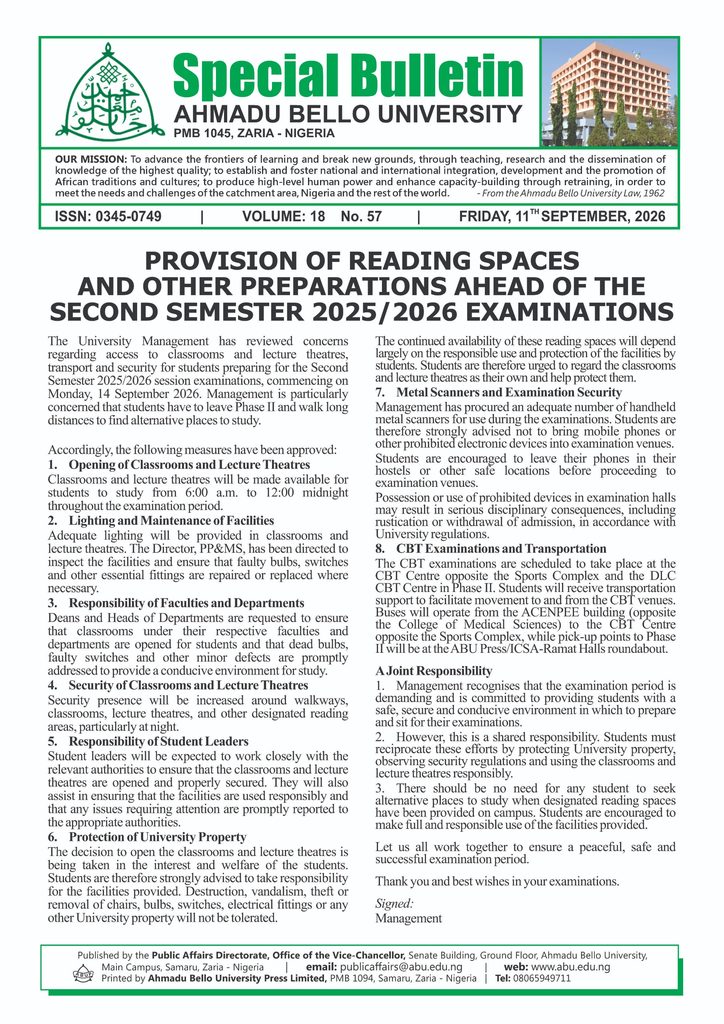 Provision of Reading Spaces and other Preparations ahead of the Second Semester 2025/2026 Examinations