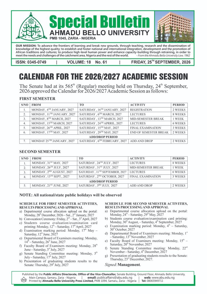 ABU Releases 2026/2027 Academic Calendar — First Semester Begins 4th January, 2027