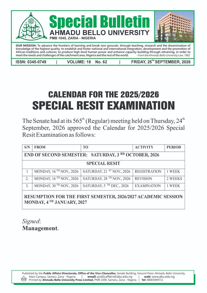 Calendar for the 2025/2026 Special Resit Examination