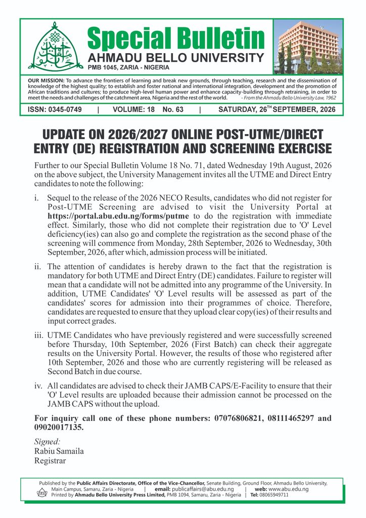 Update on 2026/2027 Online Post-UTME/Direct Entry (DE) Registration and Screening Exercise