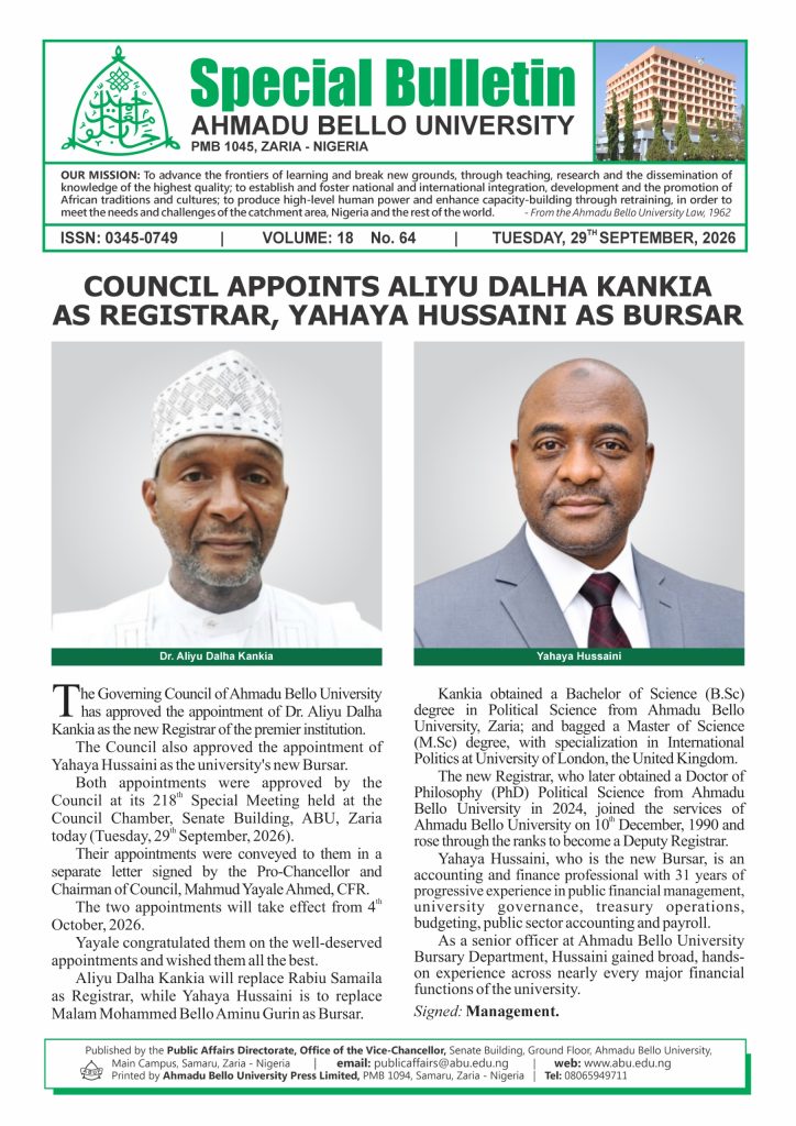 Council Appoints Aliyu Dalha Kankia as Registrar, Yahaya Hussaini as Bursar