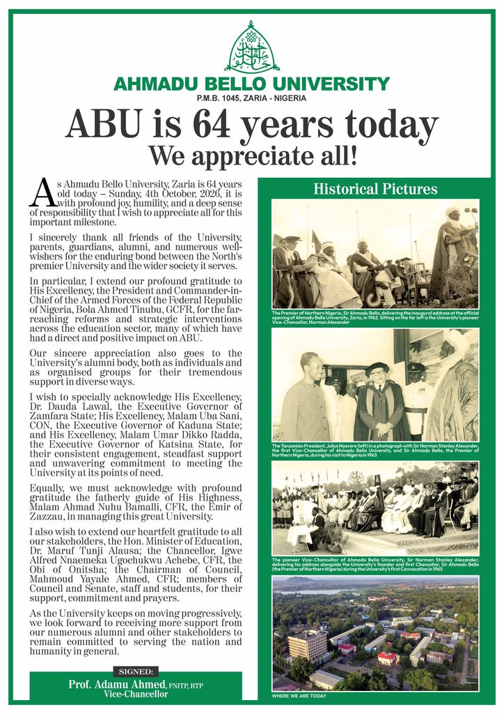 Ahmadu Bello University is 64 Years Today – We Appreciate All