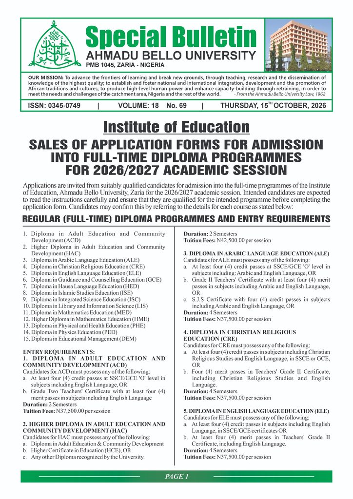 Institute of Education: Sales of Application Forms for Admission into Full-Time Diploma Programmes for 2026/2027 Academic Session