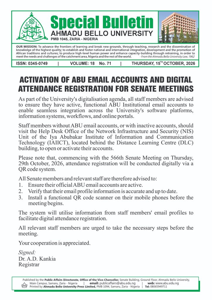 Activation of ABU Email Accounts and Digital Attendance Registration for Senate Meetings