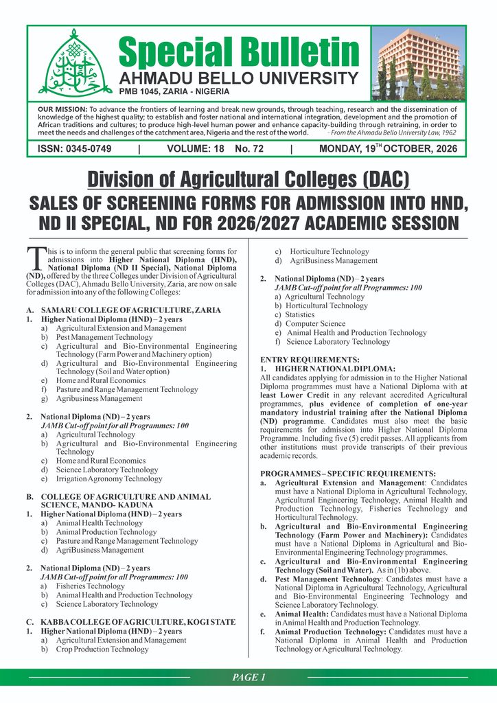 DAC: Sales of Screening Forms for Admission into HND, ND II Special, ND for 2026/2027 Academic Session